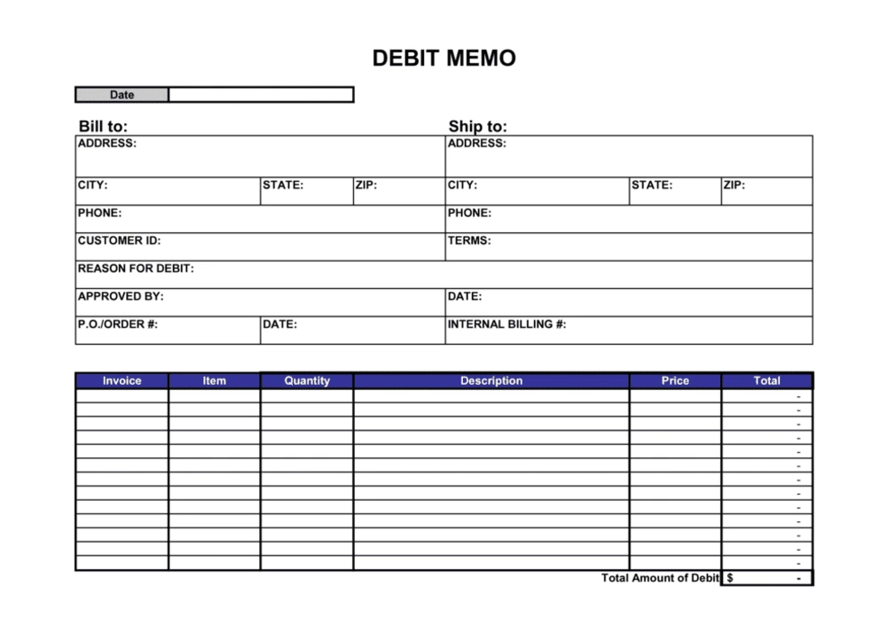 types of invoices - debit memo format